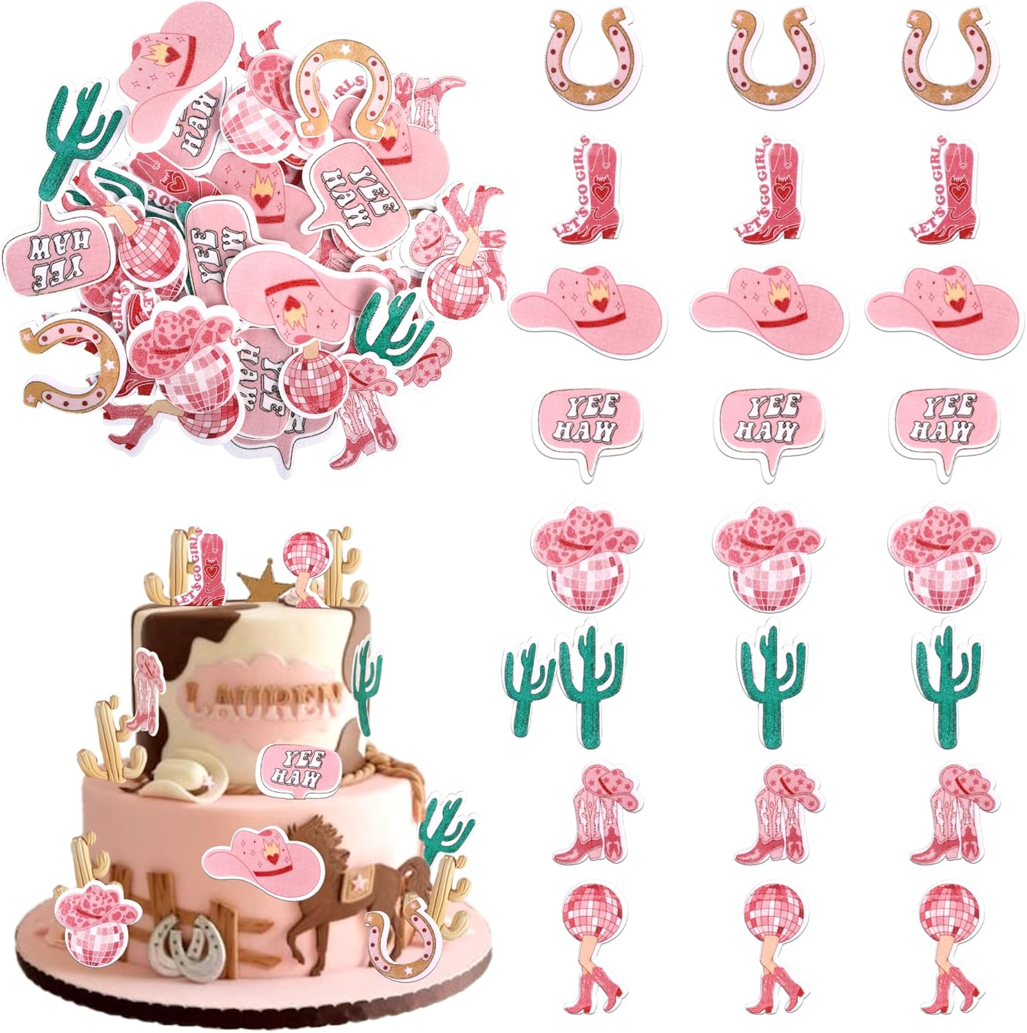 56 PCS Edible Cowgirl Cupcake Toppers HorseShoe Cactus Hat and Boot Cupcake Picks Edible Disco Ball Cup Rodeo Cake Decorations for Western Cowgirl Theme Birthday Party Cake Food Decorations Supplies