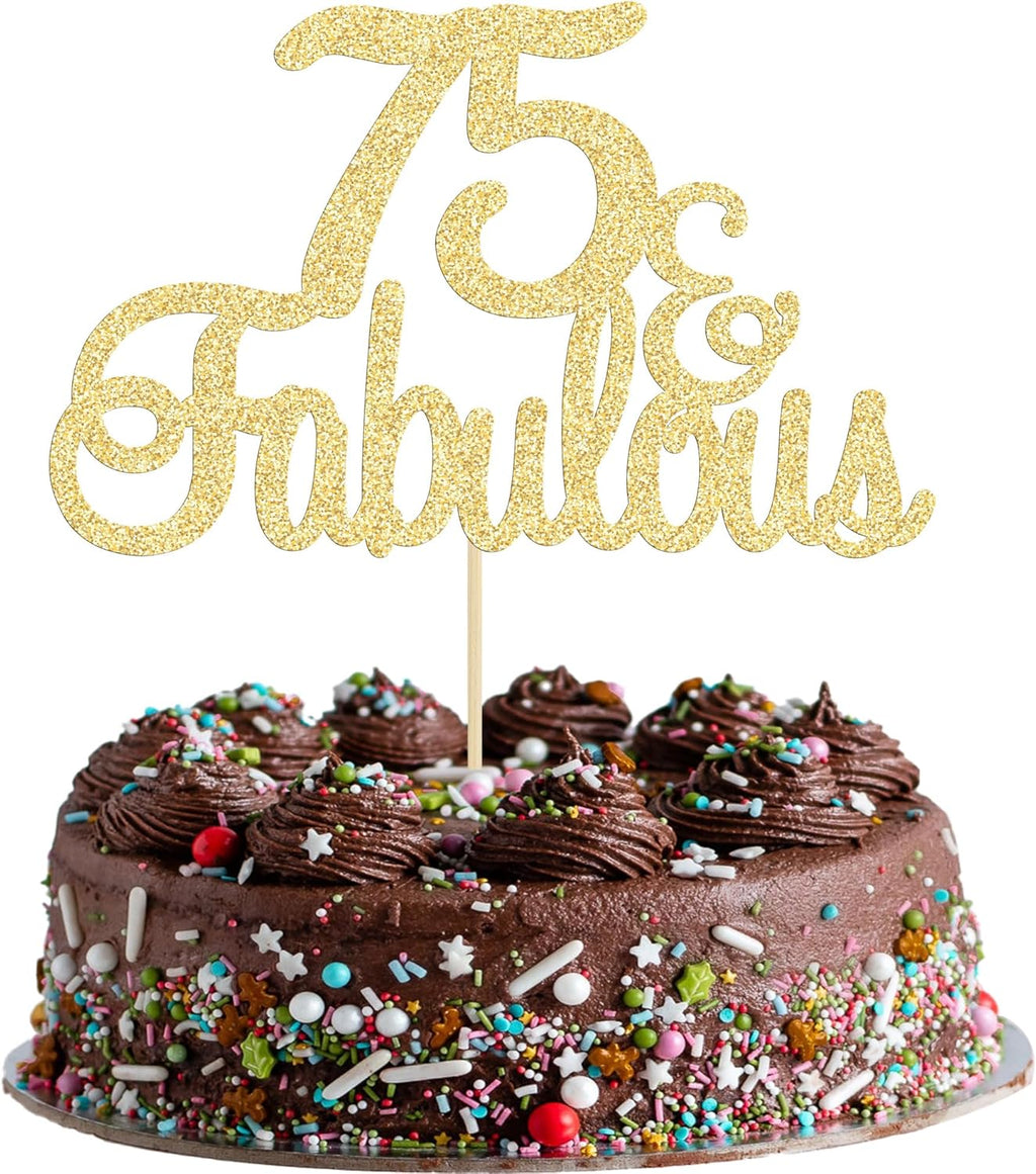 Gyufise 1Pcs 75 & Fabulous Cake Topper Gold Glitter Seventy Five and Fabulous Cake Toppers Happy 75th Birthday Cake Pick for 75th Wedding Anniversary Birthday Party Cake Decorations Supplies
