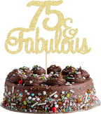 Gyufise 1Pcs 75 & Fabulous Cake Topper Gold Glitter Seventy Five and Fabulous Cake Toppers Happy 75th Birthday Cake Pick for 75th Wedding Anniversary Birthday Party Cake Decorations Supplies