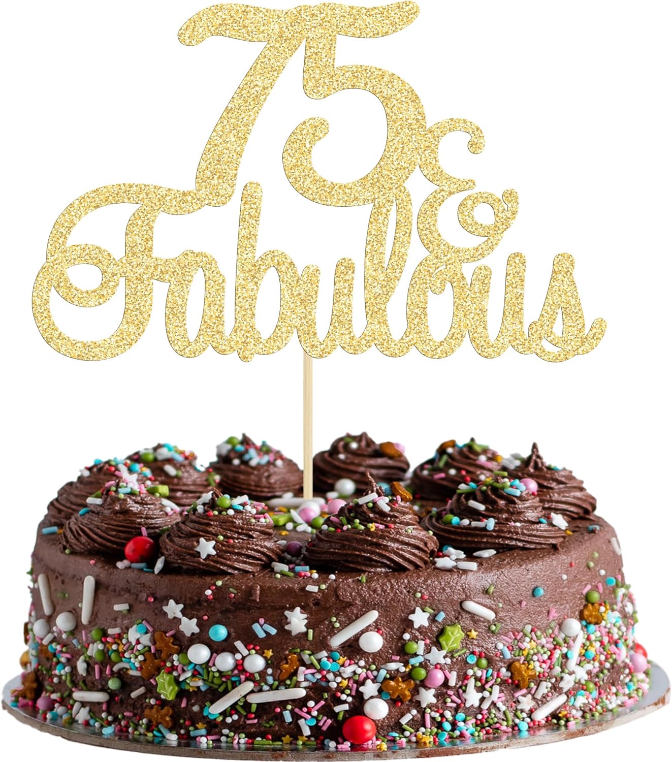 Gyufise 1Pcs 75 & Fabulous Cake Topper Gold Glitter Seventy Five and Fabulous Cake Toppers Happy 75th Birthday Cake Pick for 75th Wedding Anniversary Birthday Party Cake Decorations Supplies