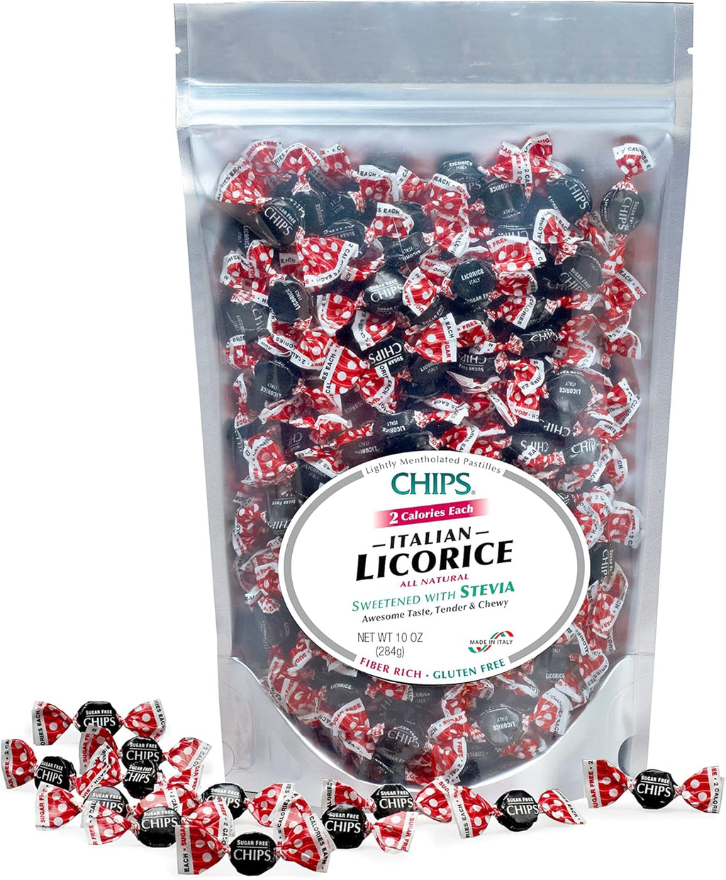 CHIPS Licorice Classic Italian Throat Pastilles Sweetened with Stevia, Rich Licorice Flavor with Acacia Gum, All-Natural Vegan Candy, Gluten Free, Non-GMO, Resealable Pouch, 10 Oz, 250 Count