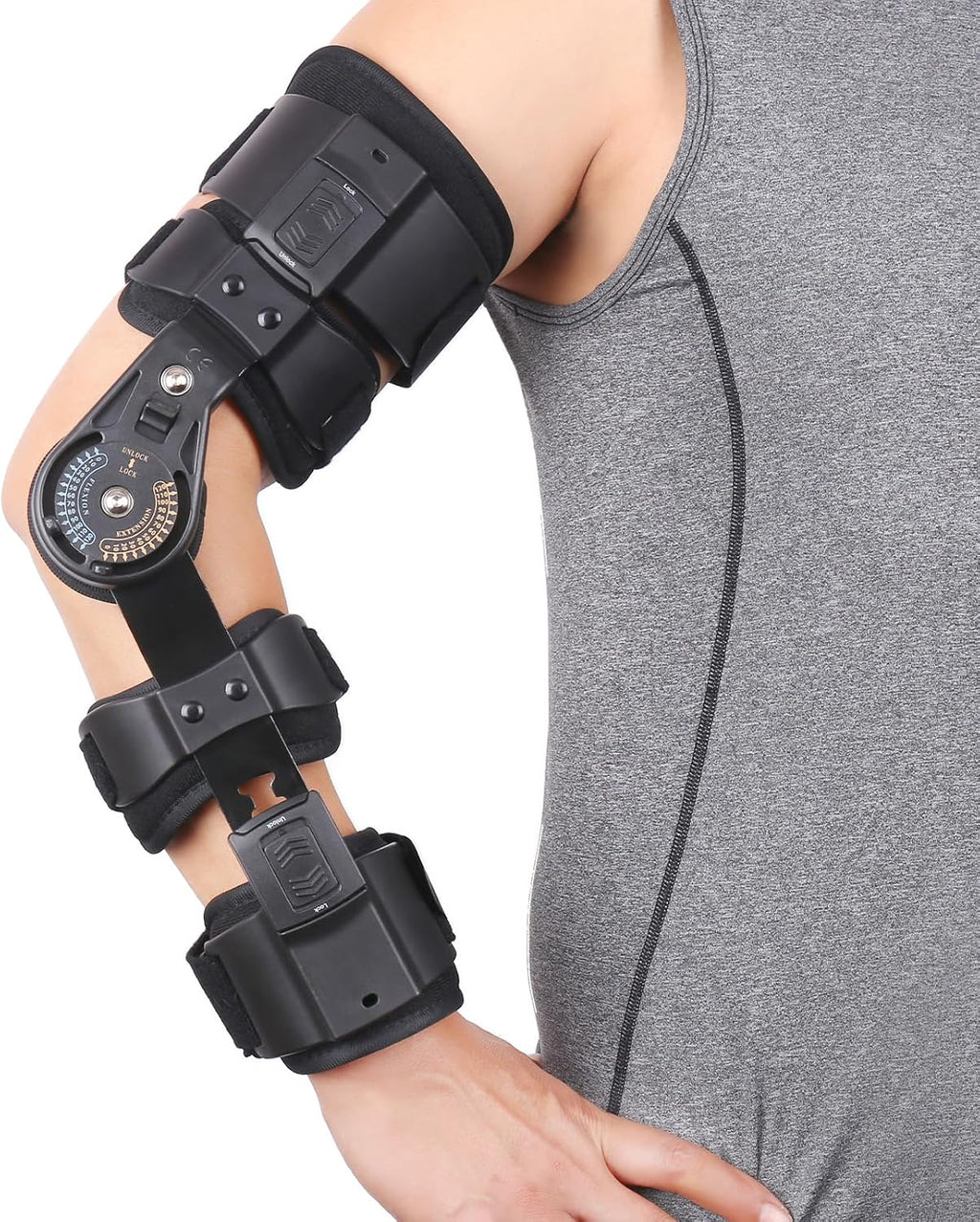 Hinged ROM Elbow Brace Adjustable Post OP Elbow Support - Arm Stabilizer Splint for Surgery, Dislocation, Ligament & Tendon Repair Recovery w/Sling Fits Men & Women (Right)