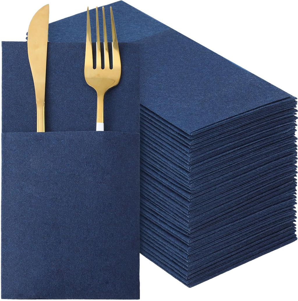 Qilery 50 Pcs Navy Blue Paper Linen Napkins with Built in Flatware Pocket Disposable Airlaid Paper Prefolded Dinner Napkins for Silverware Valentine Wedding Party Christmas Day (Classic)