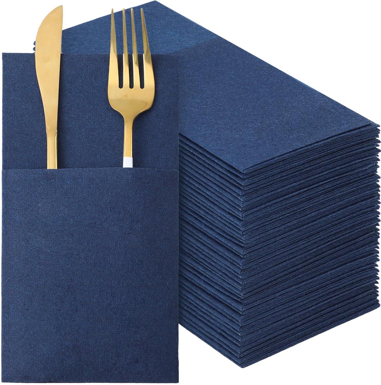 Qilery 50 Pcs Navy Blue Paper Linen Napkins with Built in Flatware Pocket Disposable Airlaid Paper Prefolded Dinner Napkins for Silverware Valentine Wedding Party Christmas Day (Classic)