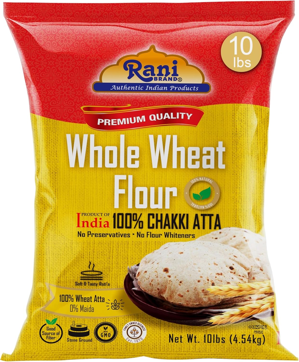 Rani Chapati Flour (100% Pure Whole Wheat Chakki Atta), For Making Roti & Indian Breads 160oz (10lbs) 4.54kg Bulk ~ Stone Ground, All Natural | Vegan | No Salt or Colors | NON-GMO | Indian Origin