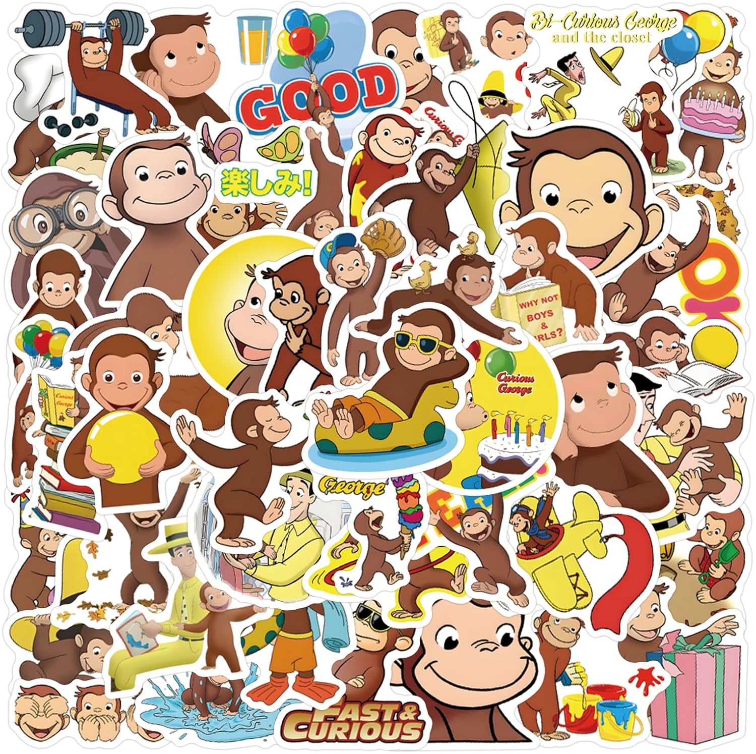 61 Pcs Curious George Monkey Storybook Cartoon Vinyl Waterproof Stickers for Water Bottle Laptop Motorcycle Skateboard Phone for Adults for Birthday Party Choice Decorative Supplies Favors