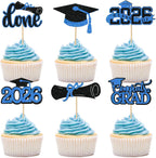 Blue Graduation Cupcake Toppers 2026, 36pcs Glitter Cupcake Toppers for Class of 2026 Party Decoration Cap Diploma Done Congrats Grad Picks for Food Dessert Graduation Party Supplies