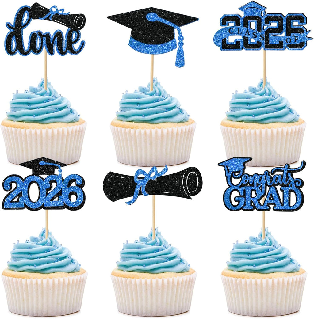 Blue Graduation Cupcake Toppers 2026, 36pcs Glitter Cupcake Toppers for Class of 2026 Party Supplies Cap Diploma Done Congrats Grad Picks for Food Dessert Mini Cake Decoration