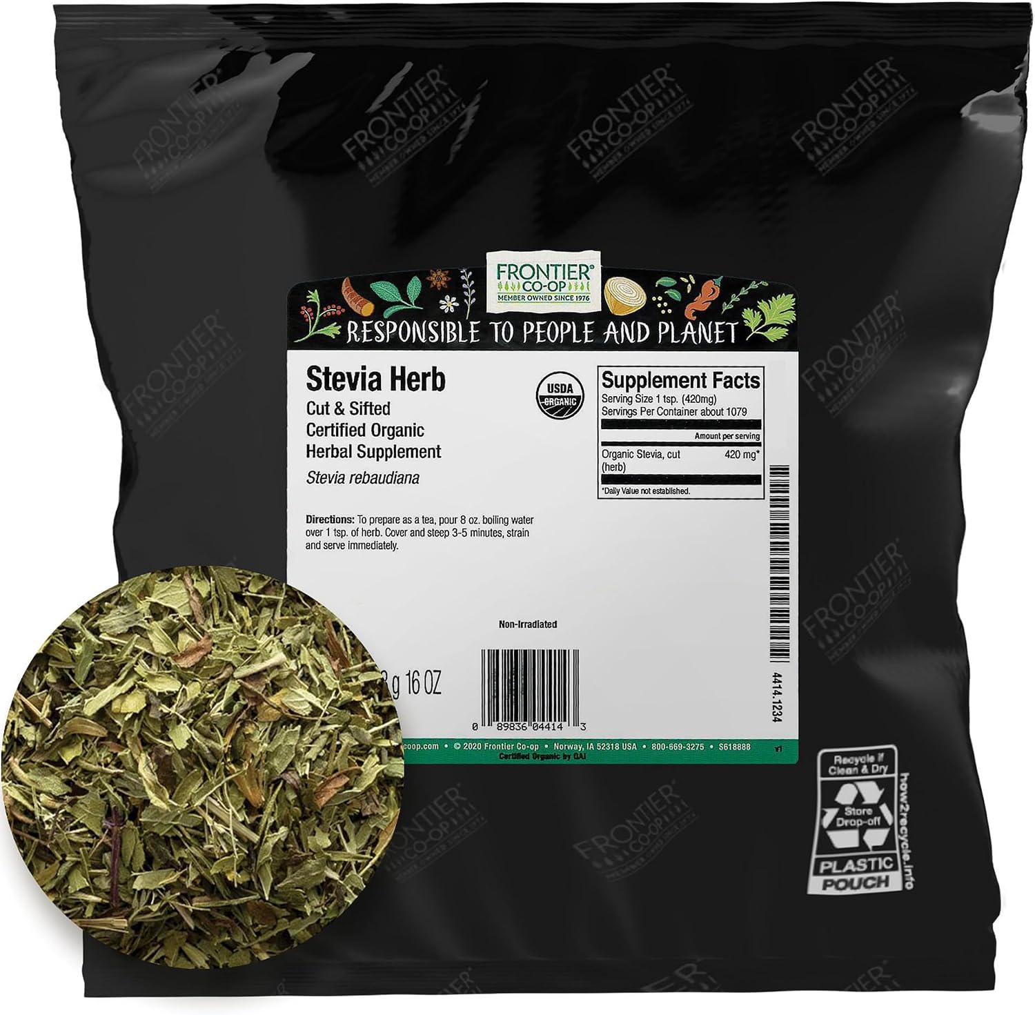 Frontier Co-op Stevia Herb, Cut and Sifted (Green), Certified Organic | 1 lb. Bulk Bag | Stevia rebaudiana Bertoni