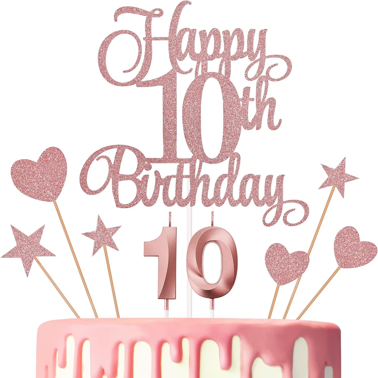 10th Birthday Cake Decorations, 10th Birthday Candles Cake Numeral Candles and Glitter Happy 10th Birthday Cake Toppers Set for Birthday Party Supplies (Rose Gold)
