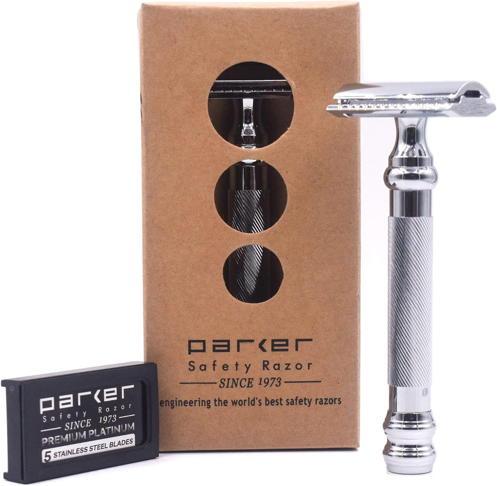 Parker 98R Heavyweight 3-Piece Double Edge Safety Razor – Long Handle, Closed Comb Design for Smooth Wet Shaving, Includes 5 Platinum Blades – Iconic Brand in Traditional Shaving