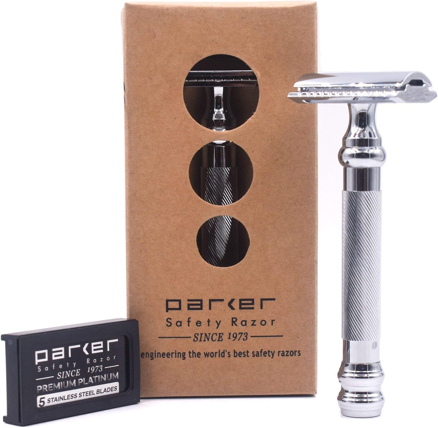 Parker 98R Heavyweight 3-Piece Double Edge Safety Razor – Long Handle, Closed Comb Design for Smooth Wet Shaving, Includes 5 Platinum Blades – Iconic Brand in Traditional Shaving