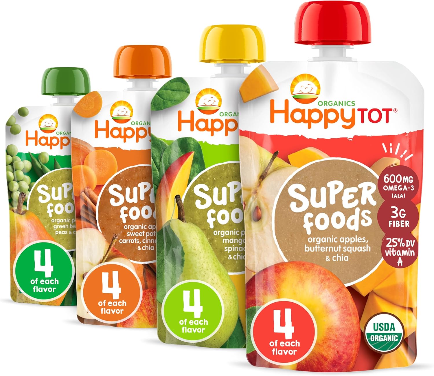HAPPYTOT Organics Stage 4 Baby Food Pouches, Gluten Free, Vegan Snack, SuperFoods Fruit & Veggie Puree & Chia Variety Pack, 4.22 Ounce (Pack of 16), Amazon Exclusive