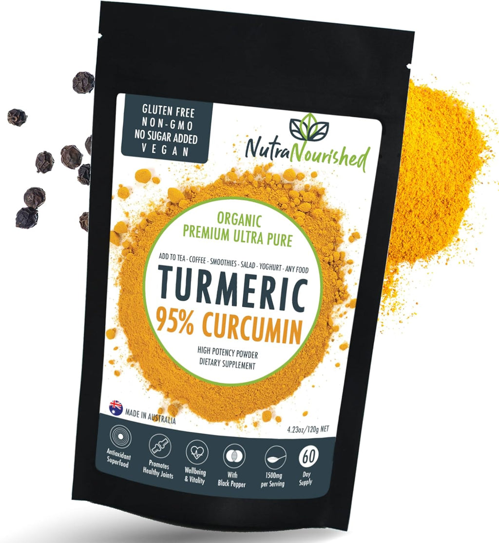 Organic Turmeric 95% Curcumin Powder – 1500mg Extract with Black Pepper – Non-GMO, Vegan, Gluten-Free, Natural Supplement – 120g
