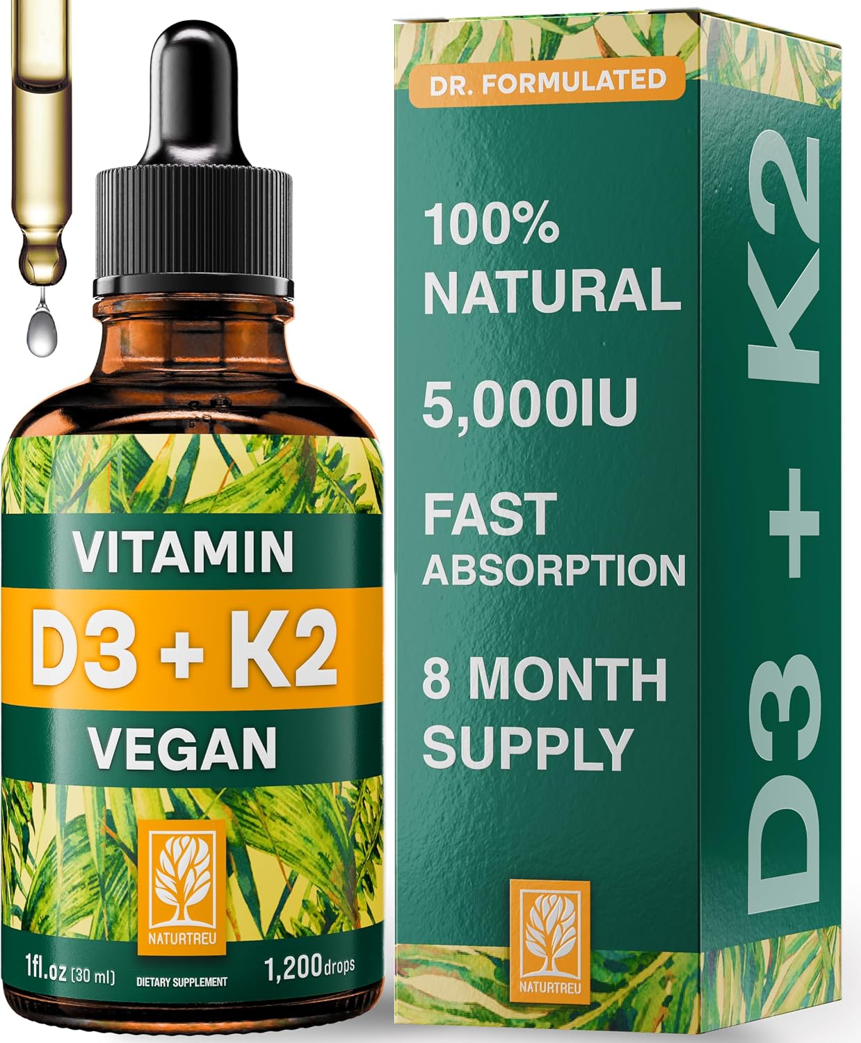 NATURTREU Vegan Vitamin D3 K2 Liquid Drops with MCT Oil for Adults (240 Servings) - Liquid Vitamin D K2 MK7 - All Natural, Non-GMO & Dr Formulated with 3X More Absorption - Third-Party Tested