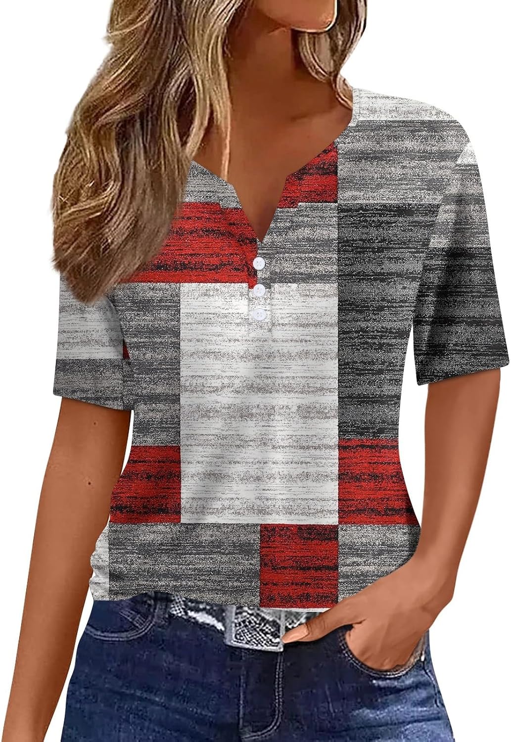 Generic Women Short Sleeve Tops 2024 Summer Casual V Neck Pullover Fashion Plus Size Blouse Tees Printed Button T Shirt