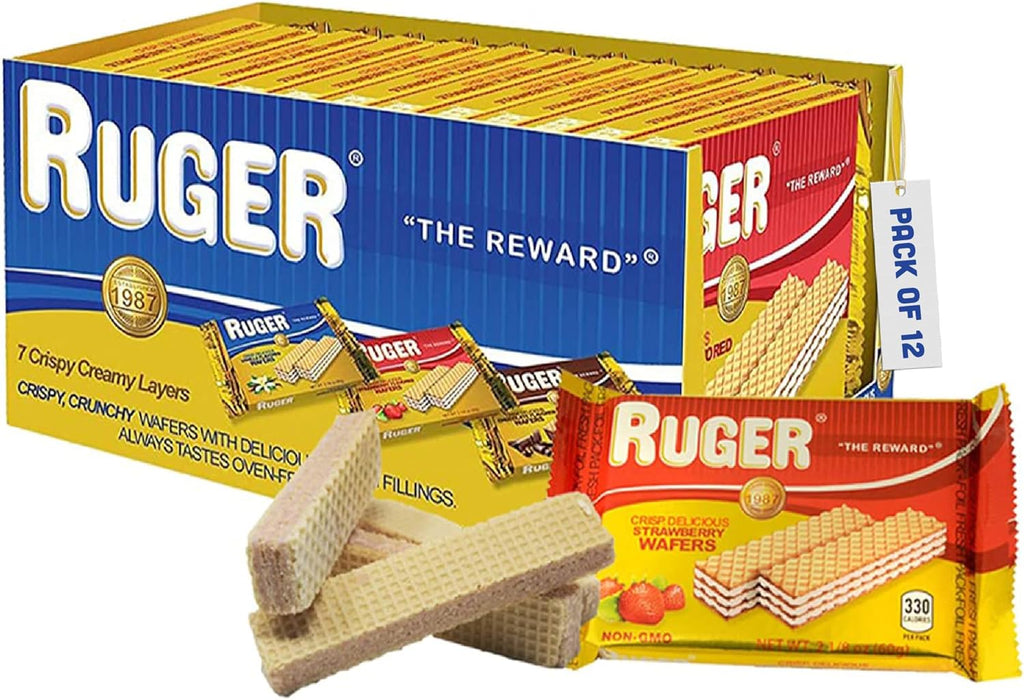 Ruger Wafers Austrian Strawberry Wafers, 2.125 Ounce (Pack of 12) - Delightfully Crisp and Creamy Strawberry Treats with Natural Ingredients and Extended Freshness, Ideal for Snacking, Desserts, and Anytime Enjoyment