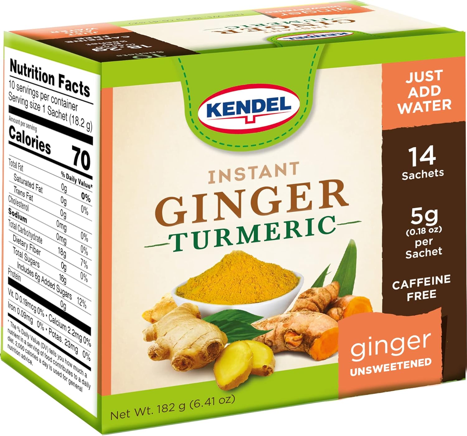 Kendel Instant Ginger Turmeric Tea – Unsweetened Real Ginger Powder Drink – Caffeine Free Wellness Beverage – Hot or Cold Mix – 14 Sachets