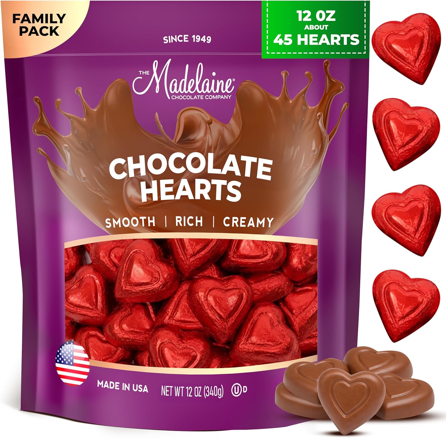 Madelaine Milk Chocolate Mini Hearts Individually Wrapped in Red Foil - Easter Candy Basket Fillers for Gifts & Treat Bags, 12 oz