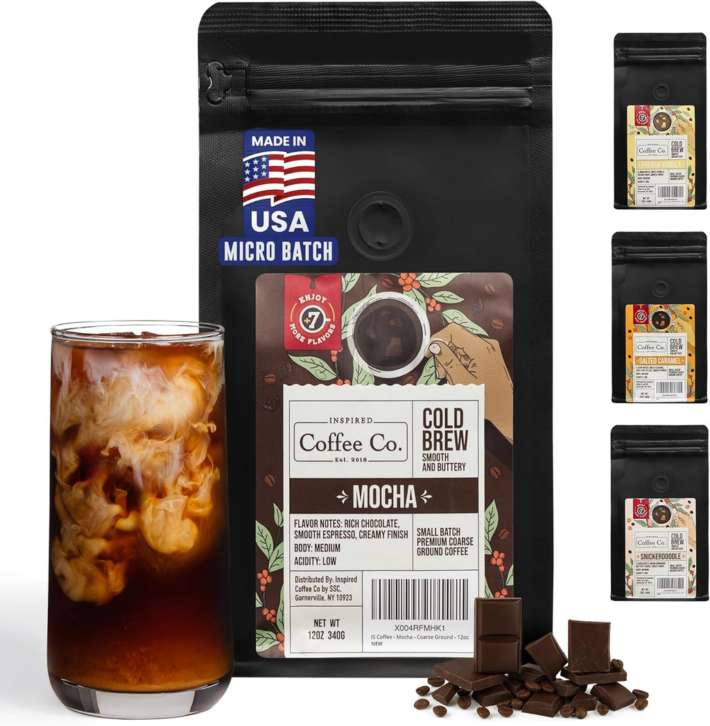 Inspired Coffee Co Cold Brew Coffee - Mocha Flavored - Coarse Ground Beans For Perfect Medium Roast Low Acid Smooth Taste - 100% Arabica Grounds 12 oz. Resealable Bag
