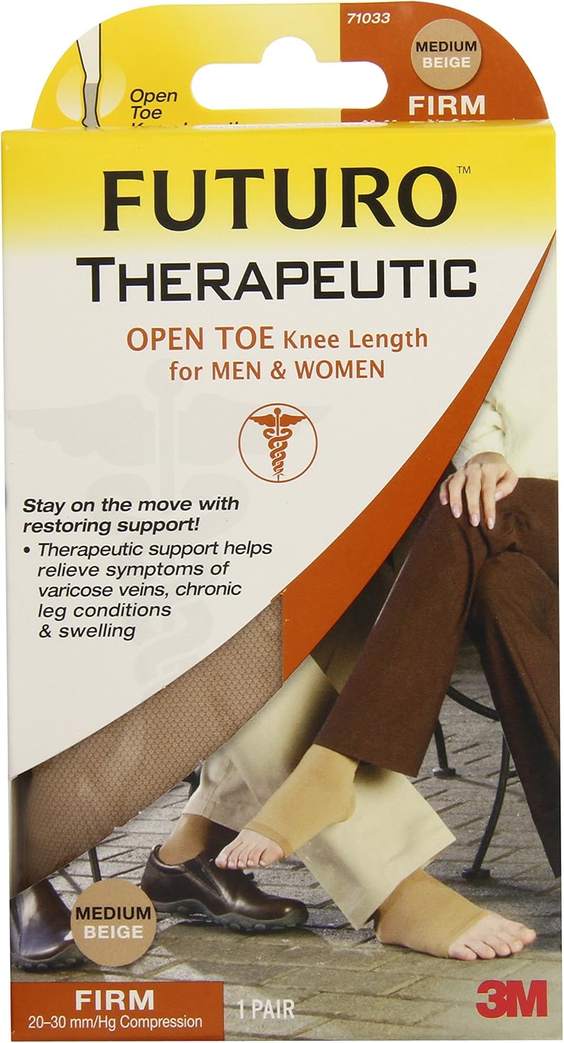 FUTURO Therapeutic Open Toe Knee Length Stockings for Men & Women, Medium, Beige