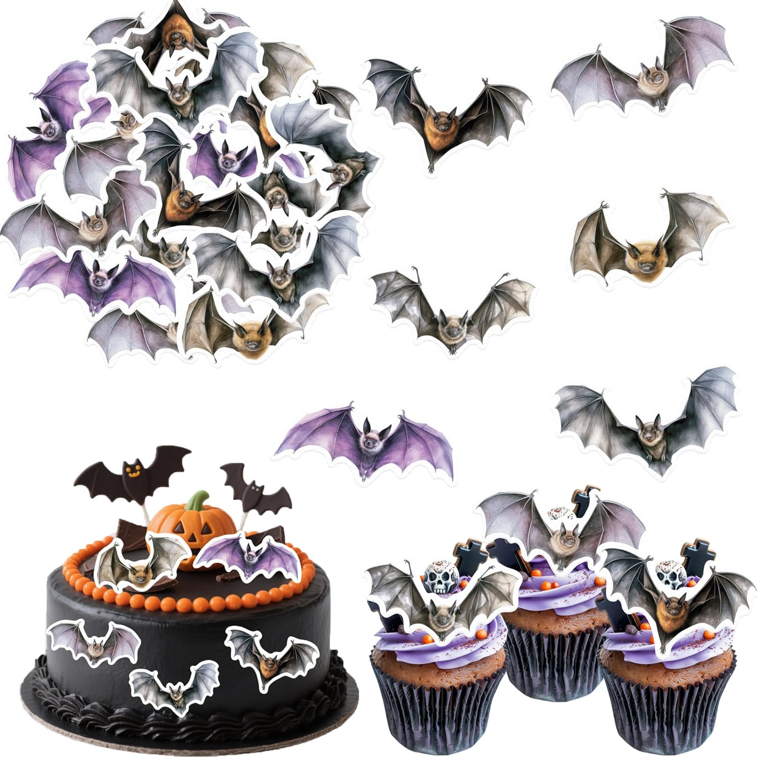 54PCS Edible Halloween Bat Cupcake Toppers Wafer Paper Bat Cupcake Toppers Spooky Bat Cupcake Picks for Halloween Theme Party Birthday Baby Shower Decor Supplies