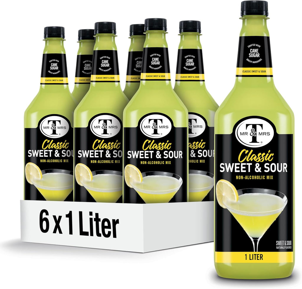 Mr & Mrs T Sweet & Sour Mix, 1 L bottle (Pack of 6), Sweet and Sour Blend Flavored Cocktail Mixer, Made with Cane Sugar, Perfect for Cocktails and Mocktail Drinks