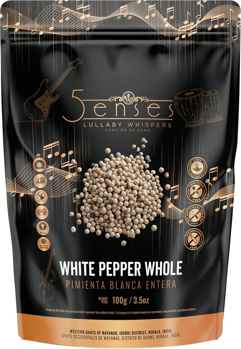 5Senses Malabar Whole White Pepper | Pimienta Blanca | Lullaby Whispers | 100% Natural, Non-GMO, Fairtrade Whole Spices, Gourmet Spice, Kosher and Vegan Spices (3.5oz/100g)