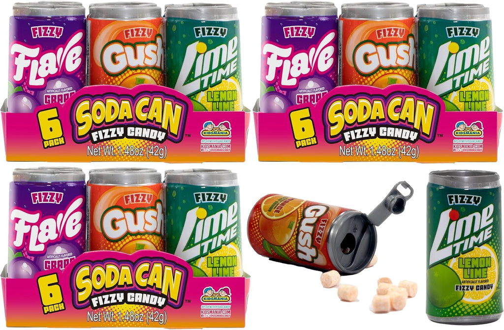 18 Kidsmania Mini Soda Can Fizzy Candy, 1.48 oz, Goody Bag Filler - Party Favor - 4 Assorted Flavors! (3 Packs of 6 Cans)