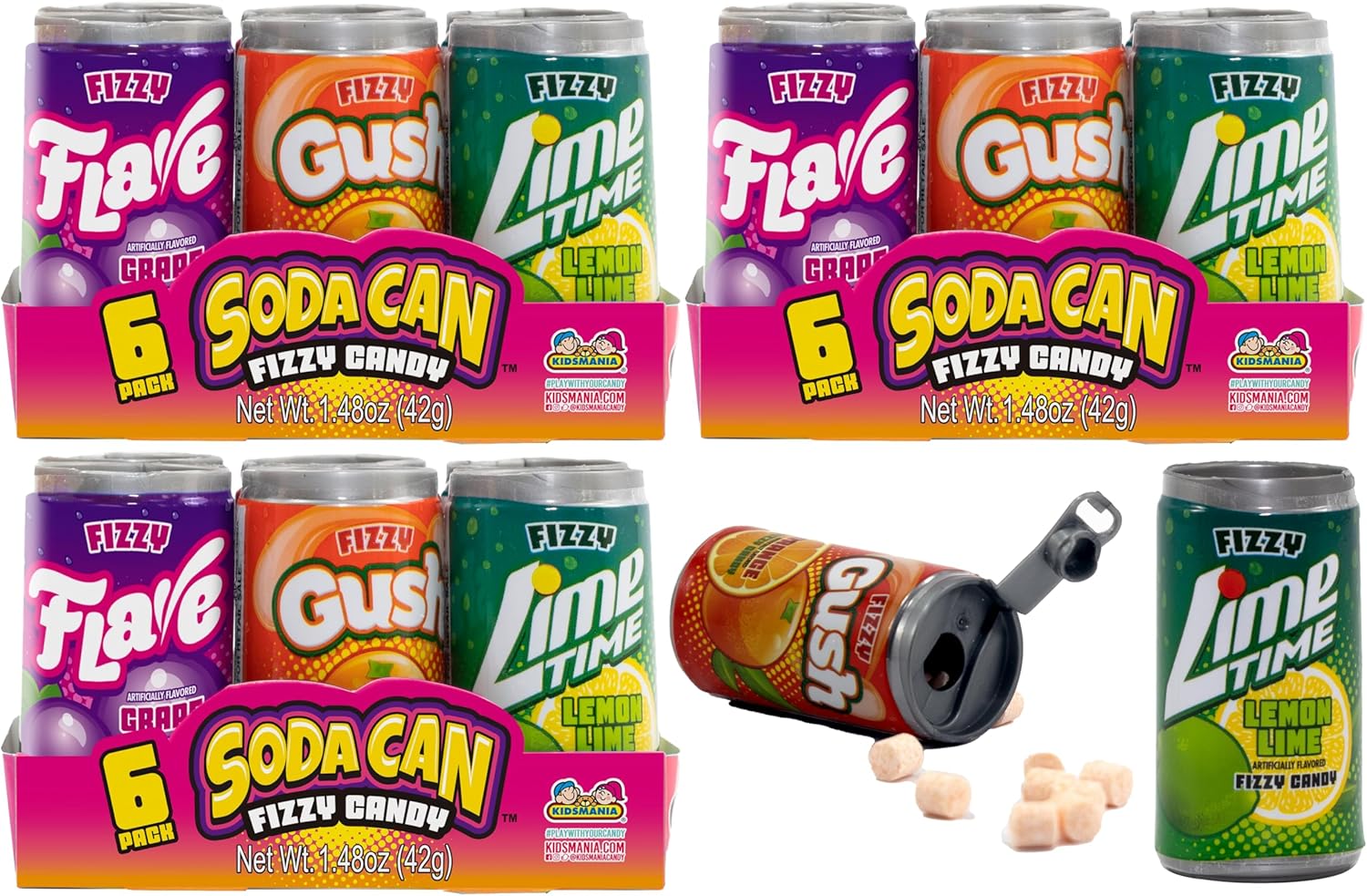 18 Kidsmania Mini Soda Can Fizzy Candy, 1.48 oz, Goody Bag Filler - Party Favor - 4 Assorted Flavors! (3 Packs of 6 Cans)