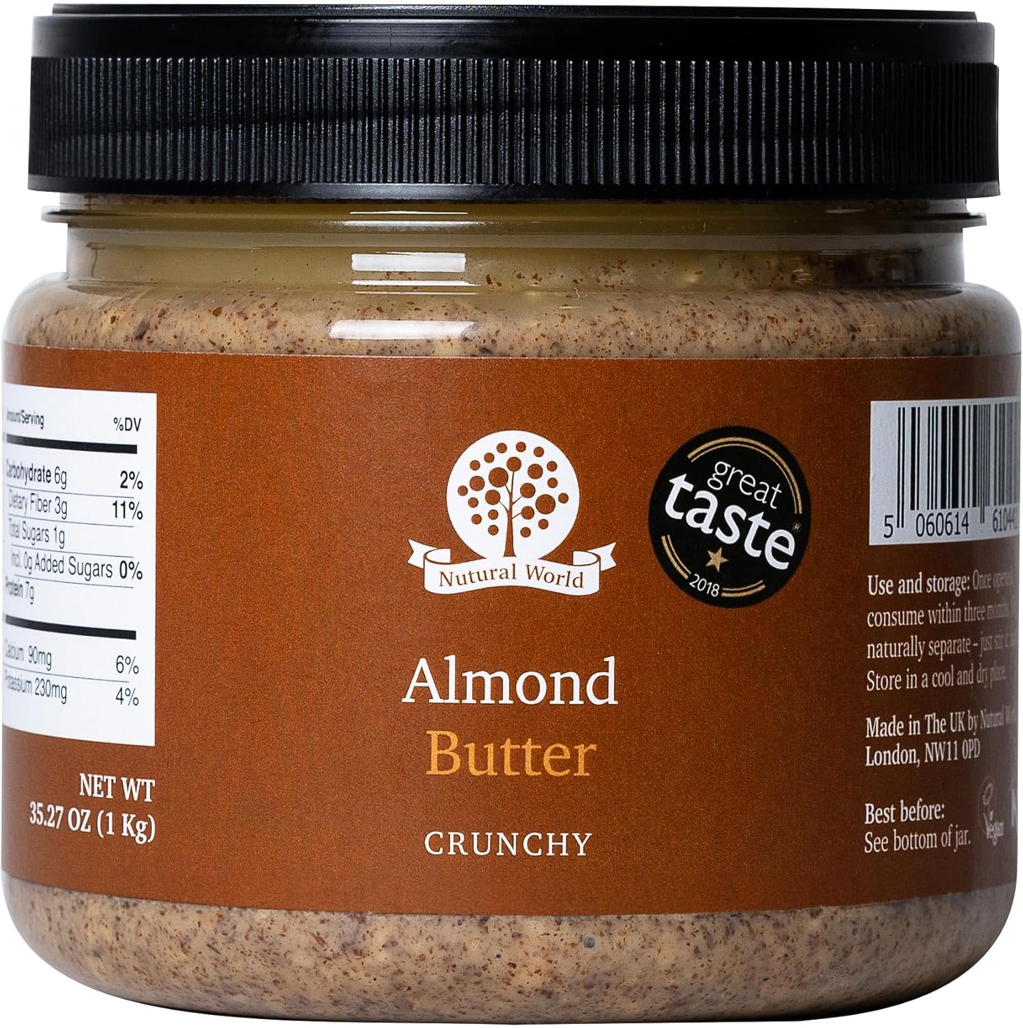 Nutural World - Crunchy Almond Nut Butter 35 Oz (1kg) Great Taste Award Winner - 100% Pure - single ingredient