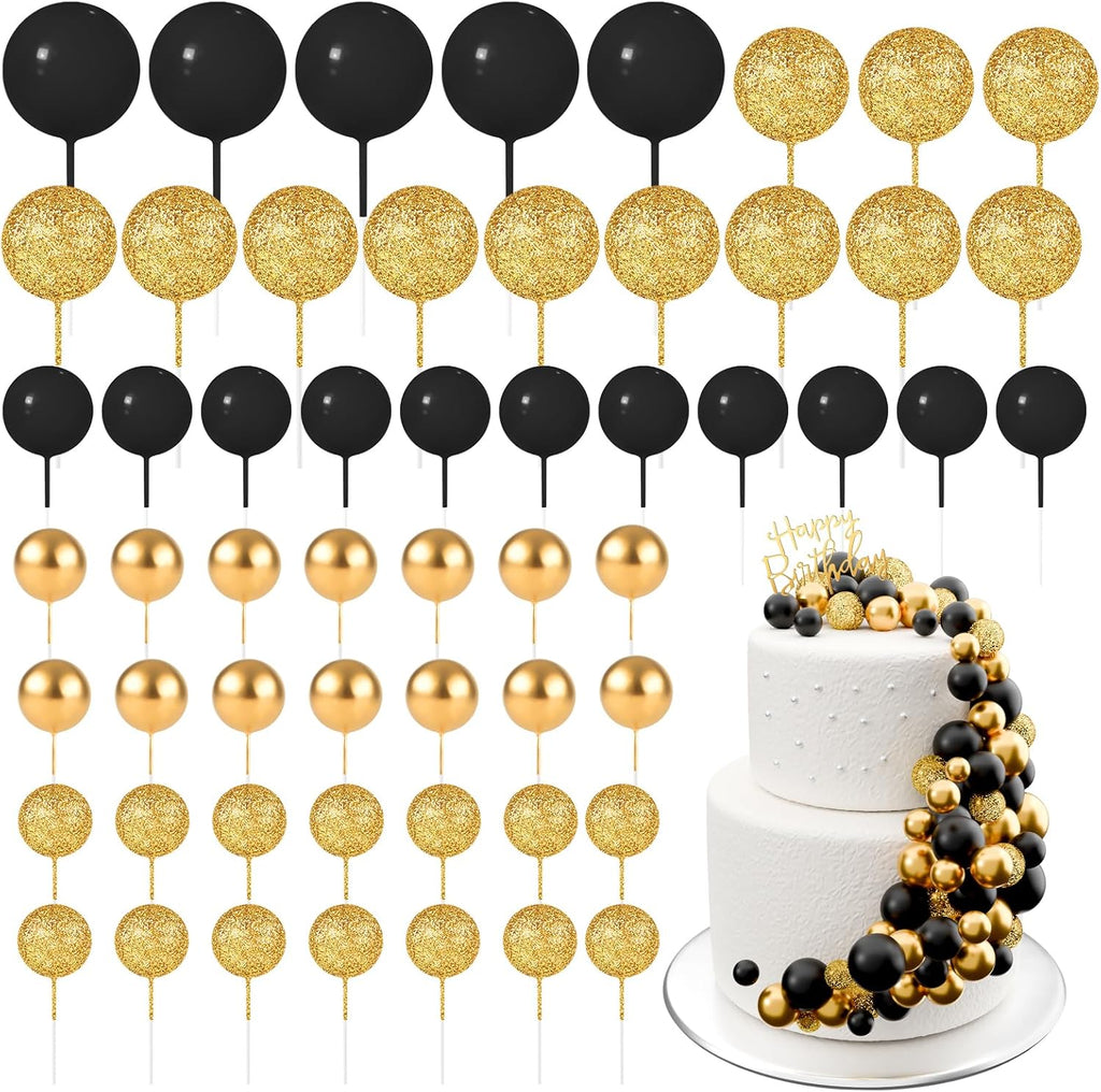 60Pcs Glitter Cake Balls Decorations Foam Cake Topper Balls Mini Balloon Cupcake Toppers for Cake Decorating Birthday Baby Shower Party (Glitter Black Gold)