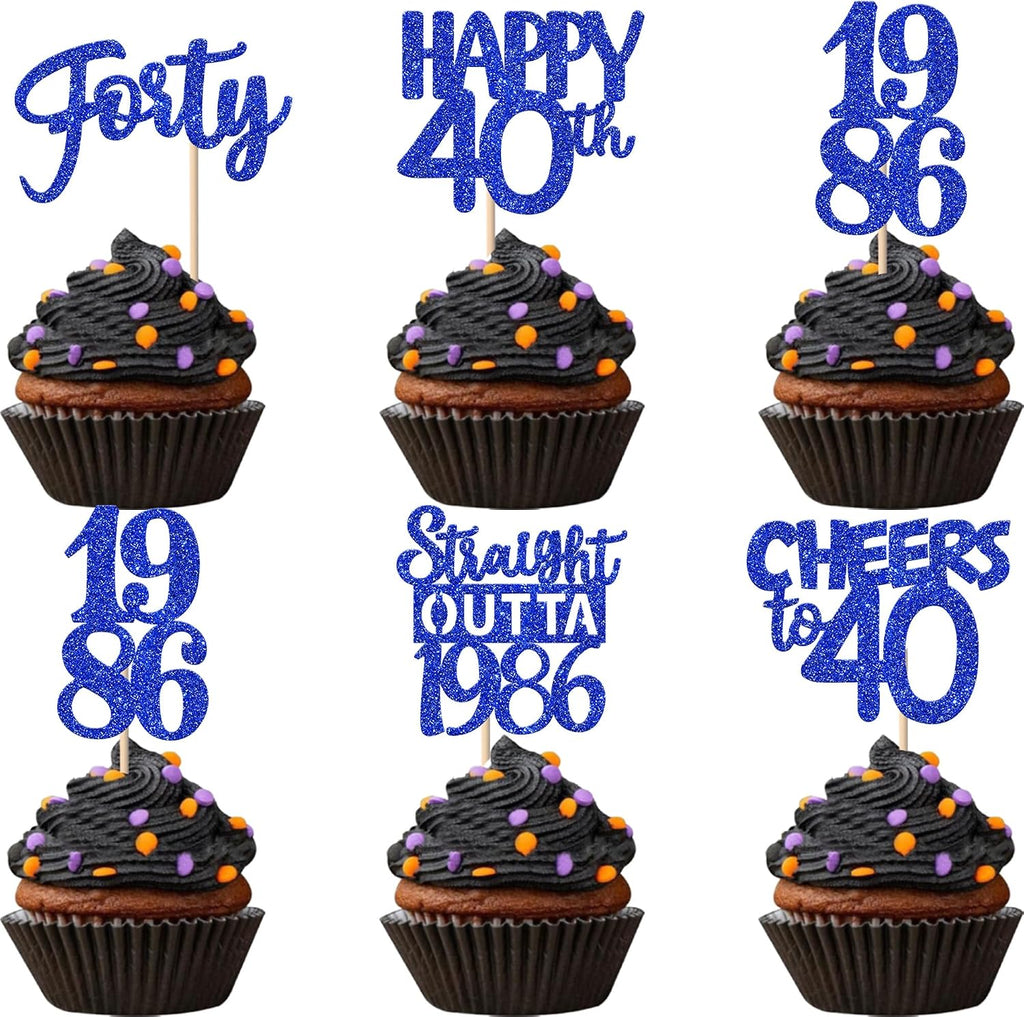 30 PCS 40th Birthday Cupcake Toppers Glitter Forty Happy 40th Straight Outta 1986 Cupcake Picks for Cheers to 40 Fabulous 40th Birthday Anniversary Party Cake Decorations Supplier Blue