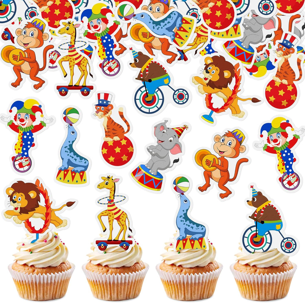 Ercadio 48 PCS Edible Circus Cupcake Toppers Circus Animals Cupcake Picks Magic Hat Elephant Horse Cake Decorations for Carnival Theme Baby Shower Kids Birthday Party Decor Supplies