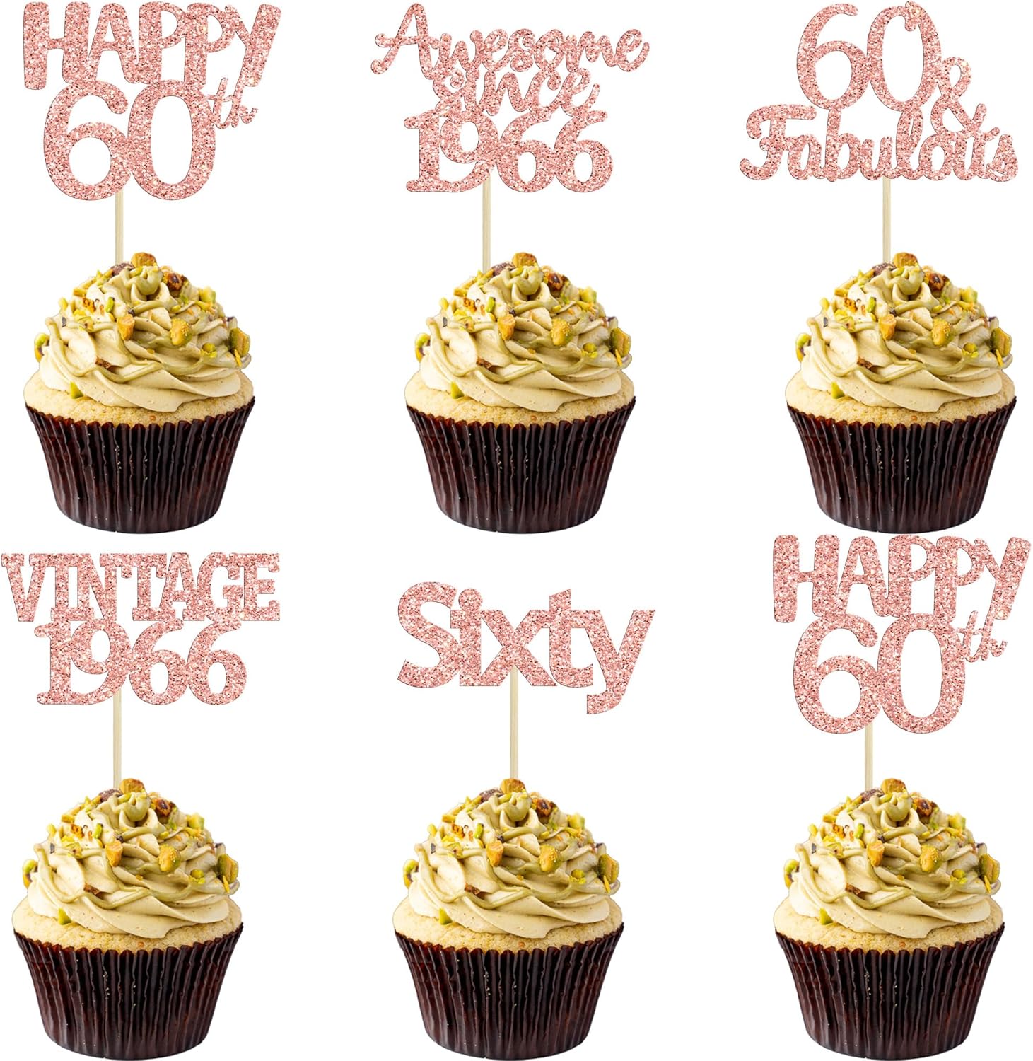 Gyufise 30Pcs Vintage 1966 Cupcake Toppers Glitter Sixty 60 Fabulous Happy 60th Birthday Cupcake Picks Cheers to 60 Years for 60th Birthday Anniversary Party Cake Decorations Supplies Rose Gold
