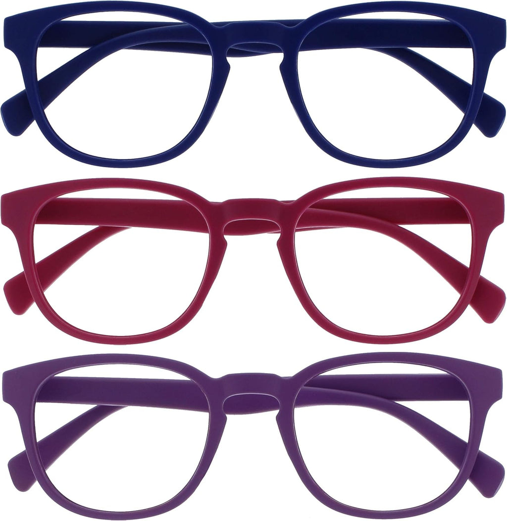 OPULIZE POP Reading Glasses for Women Men,Scratch Resistant Round Matt Frame with Spring Hinges, Blue, Pink, Purple +1.50 (Pack of 3)