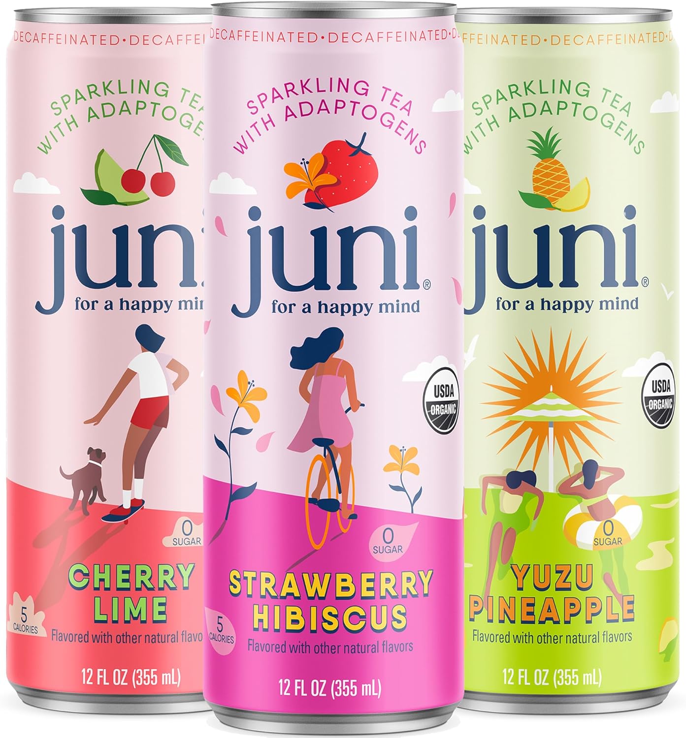 Juni Sparkling Adaptogen Drink with Ashwagandha, Lion’s Mane & Reishi Mushrooms | Green Tea for Focus, Zero Sugar, 5 Calories | Decaffeinated, Non Alcoholic Drinks – Variety Pack (12 Pack)