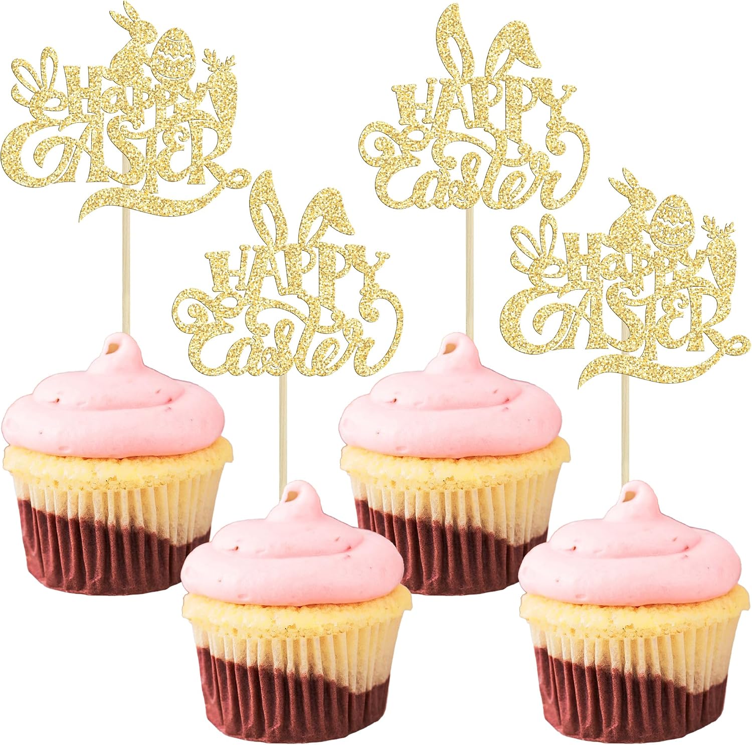 Gyufise 24 Pack Happy Easter Cupcake Toppers Glitter Rabbit Bunny Cupcake Pick Decorations for Happy Easter Spring Themed Baby Shower Kids Birthday Cake Decoration Party Supplies Gold