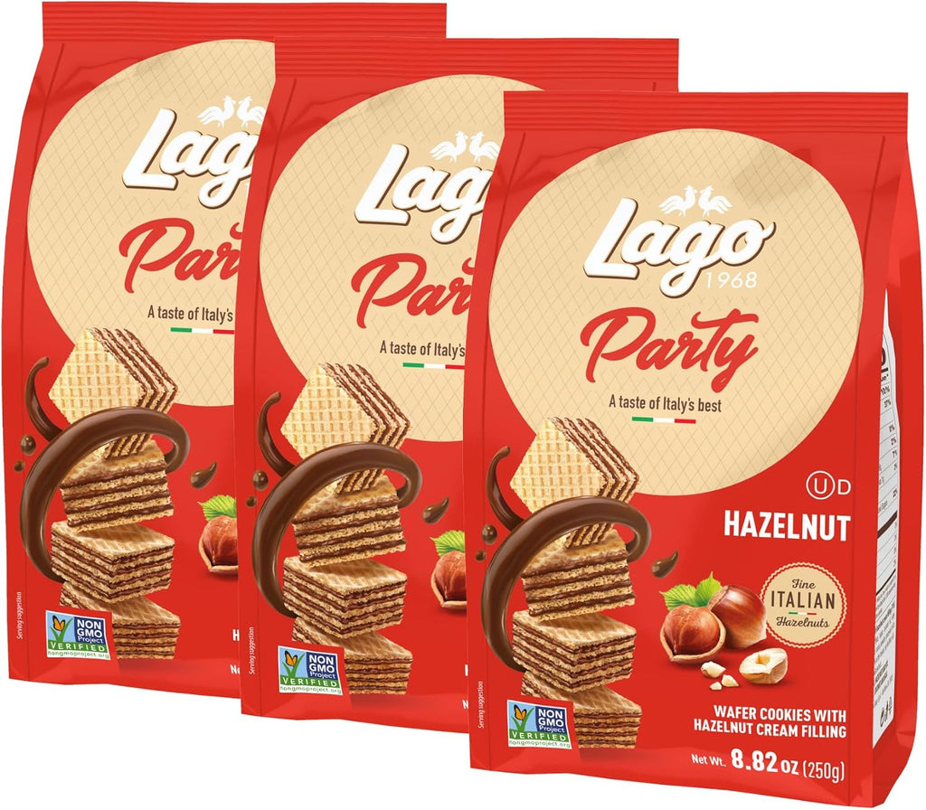 Gastone Lago Party Wafers, Hazelnut, 8.82 oz – Italian Wafer Cookies with Hazelnut Flavored Cream Filling, Non-GMO Verified, Authentic Taste of Italy [Pack of 3]