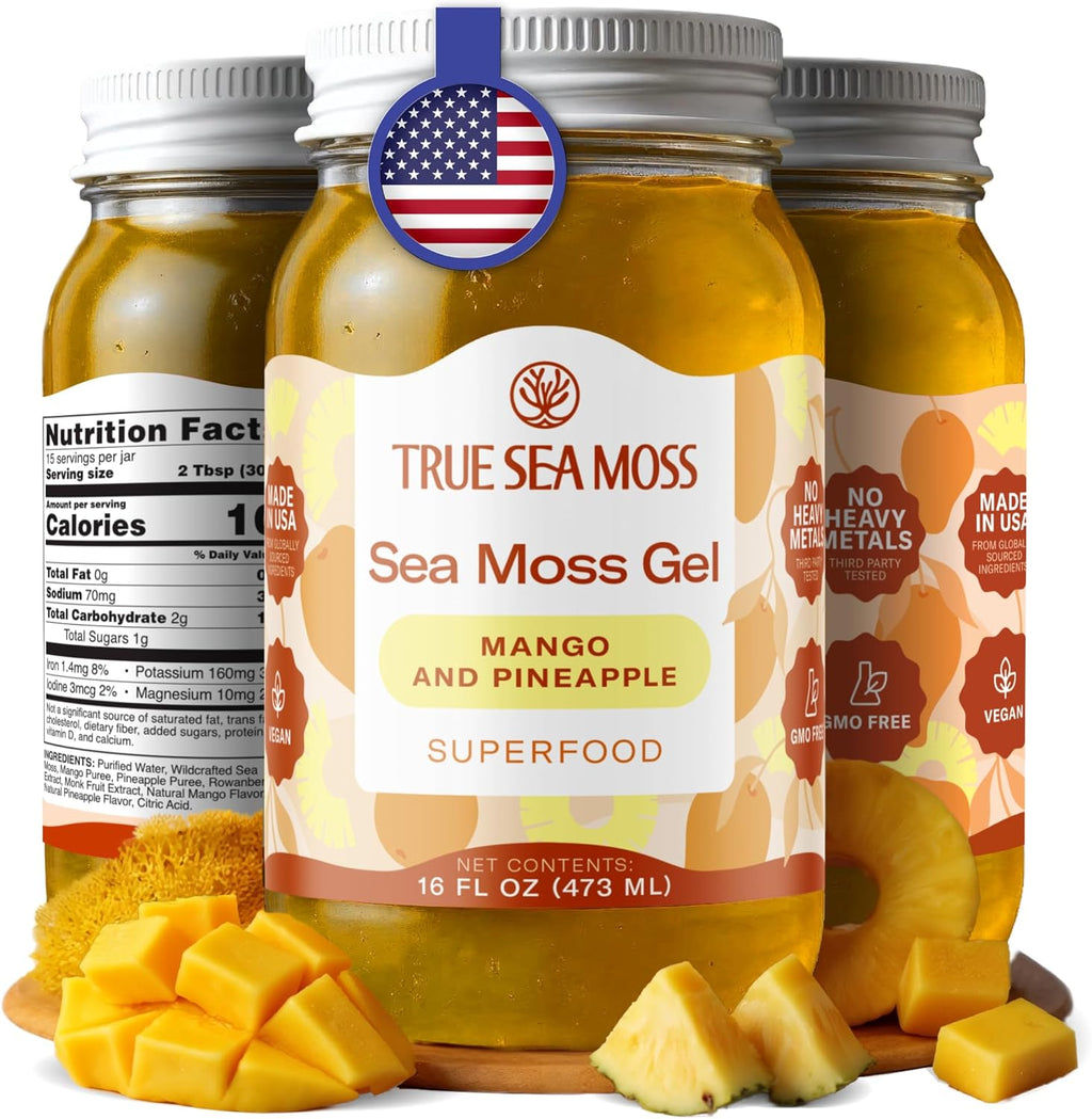 TrueSeaMoss Sea Moss Gel – Made in USA – Wildcrafted Seamoss, Fruits & Jarred Vegetables – Mango/Pineapple, Pack of 1 (Labels may Vary)