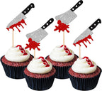 24 PCS Horror Halloween Cupcake Toppers Glitter Scary Blood Knife Cupcake Picks for Halloween Theme Have a killer Birthday Party Cake Decorations Supplies