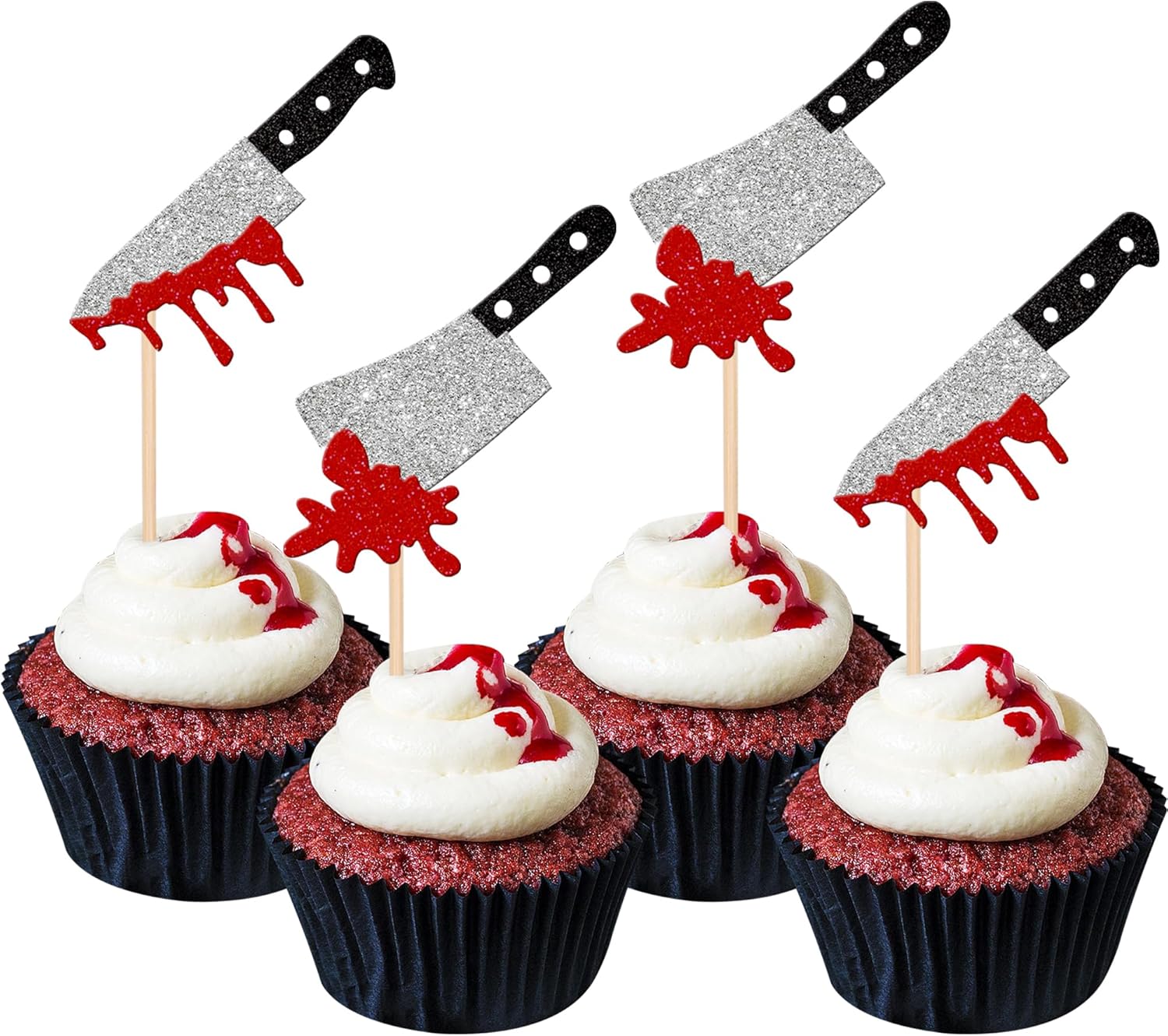 24 PCS Horror Halloween Cupcake Toppers Glitter Scary Blood Knife Cupcake Picks for Halloween Theme Have a killer Birthday Party Cake Decorations Supplies