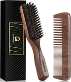GAINWELL Mens Hair Brush Beard Comb Set, Slick Back Boar Bristle Hair Brush with Stiff Bristles for Thick Hair, Natural Black Walnut Gold Sandalwood Handle, Beard Mustache Brushes Comb Kit