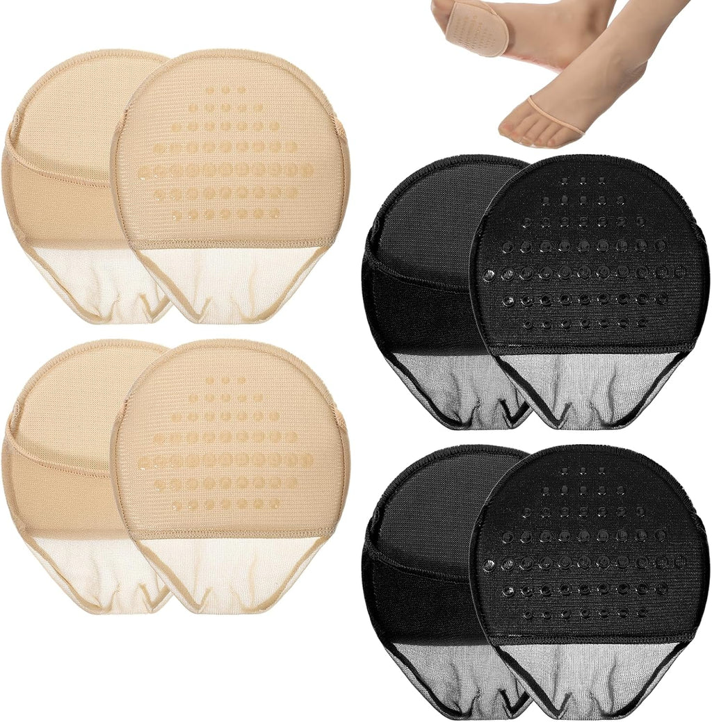 4 Pairs Ball of Foot Cushion Socks, Women's Toe Cover with Padding No Show Toe Toppers Liner Socks Seamless Grip Non Slip Hidden Toes Covers for Women Girls Flats High Heels