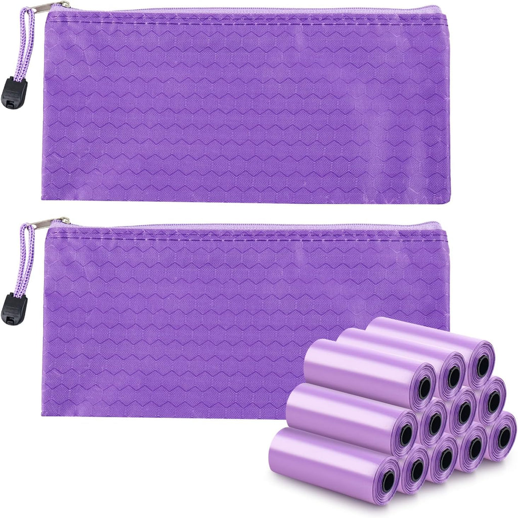 146Pcs Disposal Sanitary Napkin Bags, Purple Feminine Privacy Protection Sanitary Tampons Menstrual Liners Bag, Personal Disposal Hygiene Period Diapers Bag for Women (144pcs with 2pcs Zipper Bags)