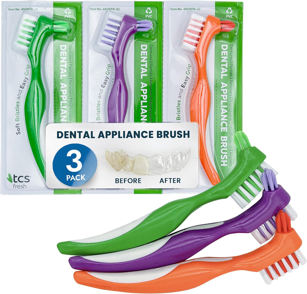 TCS Fresh Soft Bristle Denture Brush – for Dentures, Retainers & Aligners – Made with Premium Dupont® Nylon Bristles (0.18 mm) for Gentle Plaque Removal – Ergonomic Handle & Dual Brush Heads – 3 Pack