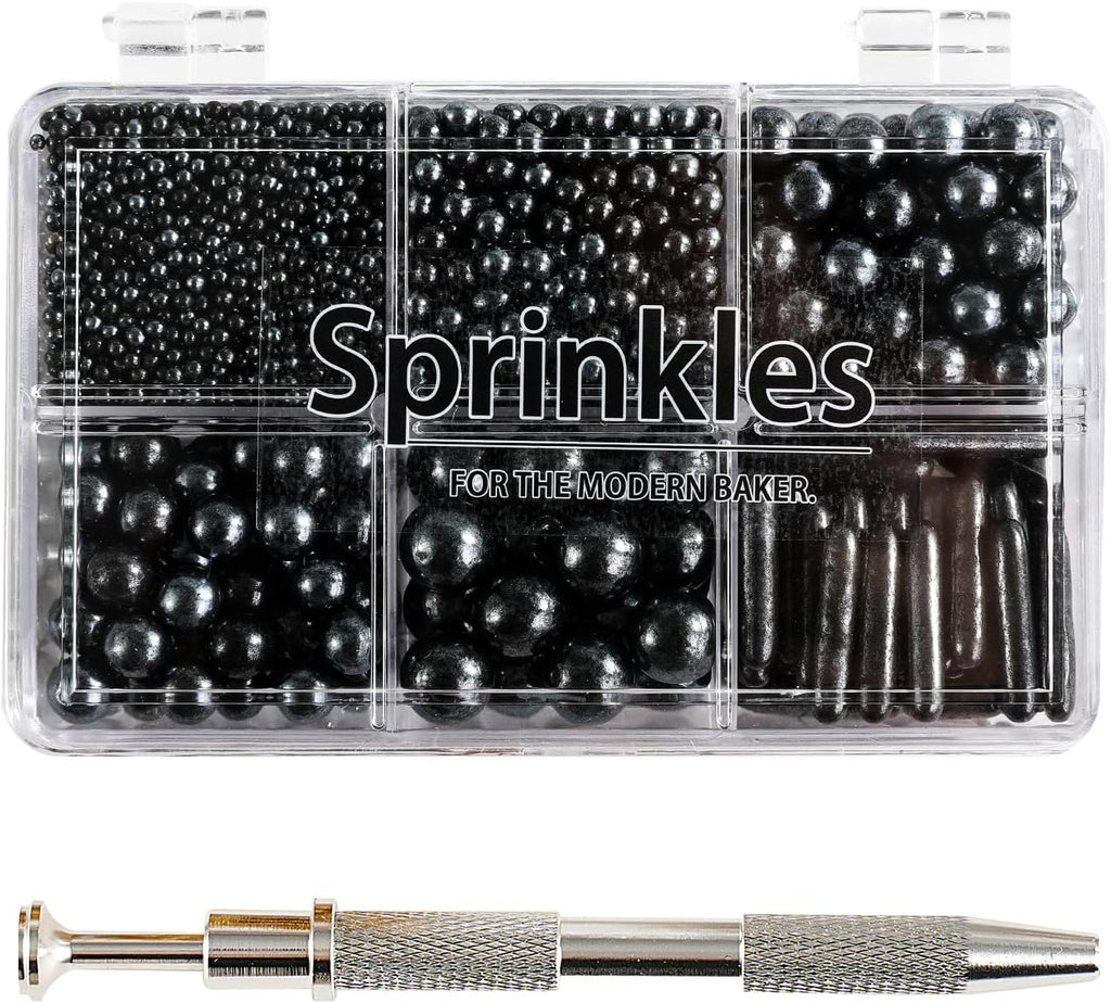 Kasvan Black Mix Sugar Sprinkles - Edible Candy Pearls with 4-Claw Sprinkle Pen,118g/4.16 Oz, Gift Box Pack, Baking Cake Decorations, Ice Cream Toppings and Cookie Decorating (Black)