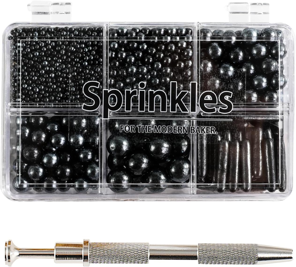Kasvan Black Mix Sugar Sprinkles - Edible Candy Pearls with 4-Claw Sprinkle Pen,118g/4.16 Oz, Gift Box Pack, Baking Cake Decorations, Ice Cream Toppings and Cookie Decorating (Black)