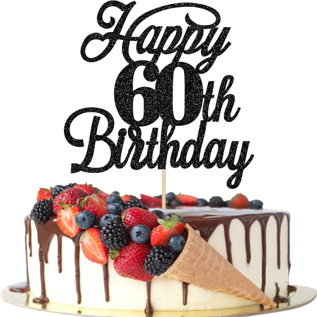 Rsstarxi 1 Pack Happy 60th Birthday Cake Topper Black Glitter 60 & Fabulous Cheers to 60 Years Old 60th Birthday Cake Pick for Celebrating 60th Birthday Anniversary Party Cake Decorations Supplies