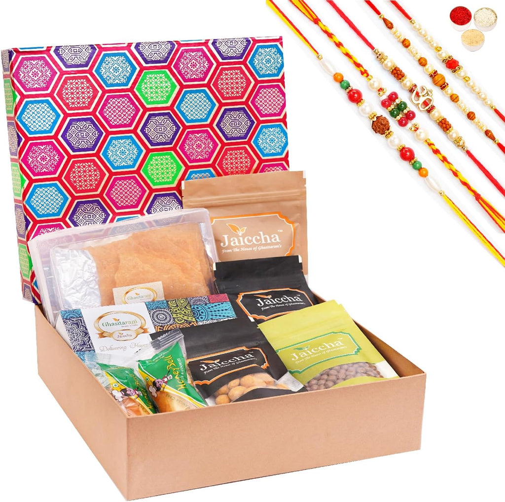 Jaiccha Ghasitaram Rakhi Gifts for Brothers Gourmet Medium Hamper Box of 7 Assortments with 5 Rakhis